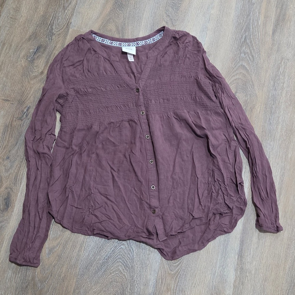 Knox Rose Mauve Smocked Button Down Blouse Long Sleeve Boho Top Large